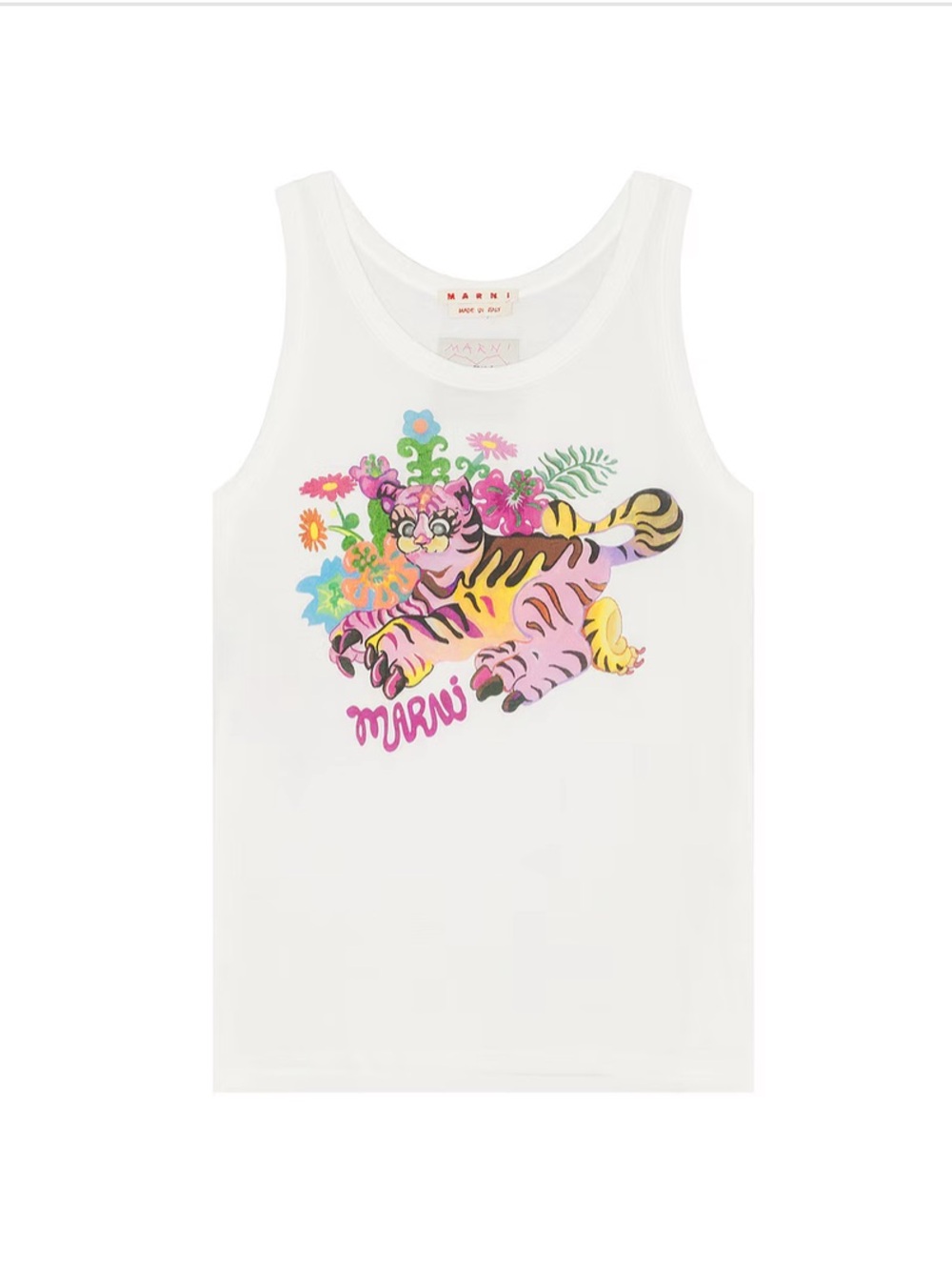 Marni White Tank Top with Pink & Yellow Tiger Graphic